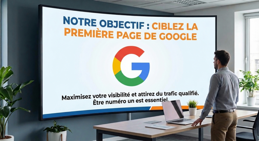 Capture d'écran simulée montrant un site web en tête des résultats de recherche Google sur un mot-clé stratégique.