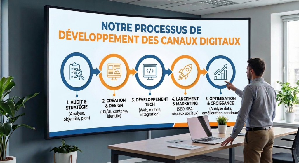 Schéma montrant l'interconnexion entre le site web, les réseaux sociaux et l'emailing pour une entreprise.