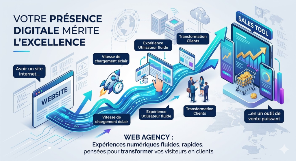 Une infographie isométrique et moderne de web agency montrant la transformation d'un simple site web en un puissant outil de vente.