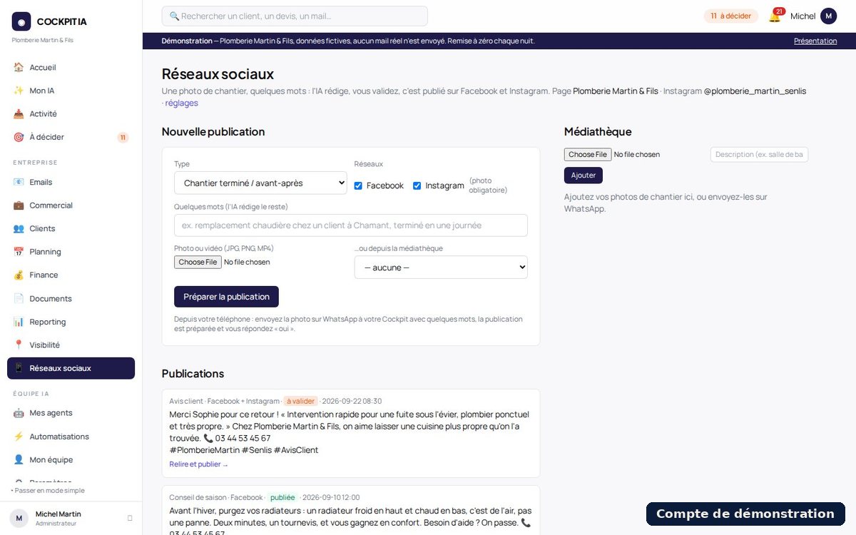 Publications Facebook et Instagram préparées par l'IA et validées depuis le cockpit