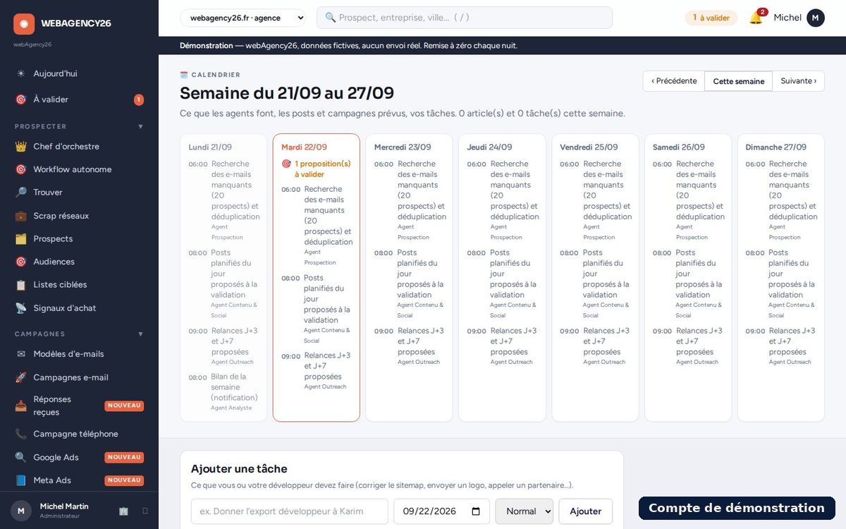Cockpit Prospection : calendrier des publications (compte de démonstration)