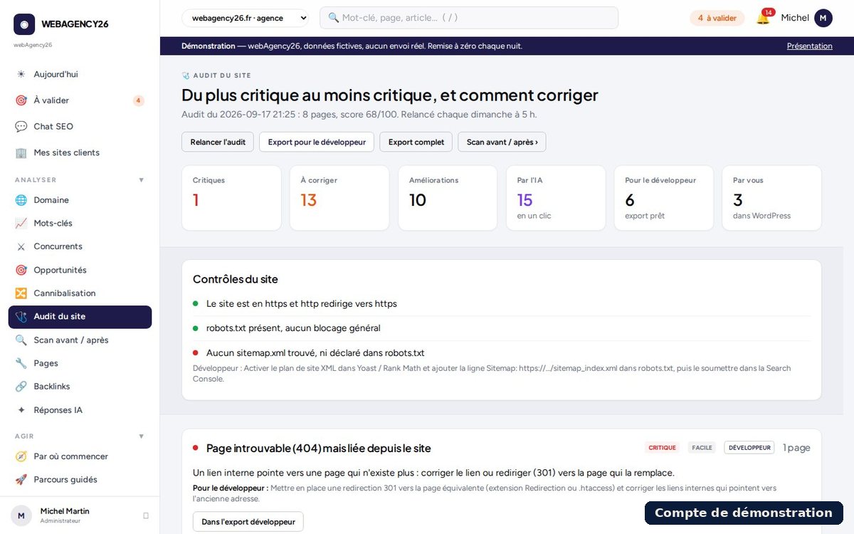 Cockpit SEO : Les problèmes, et comment les corriger (compte de démonstration)