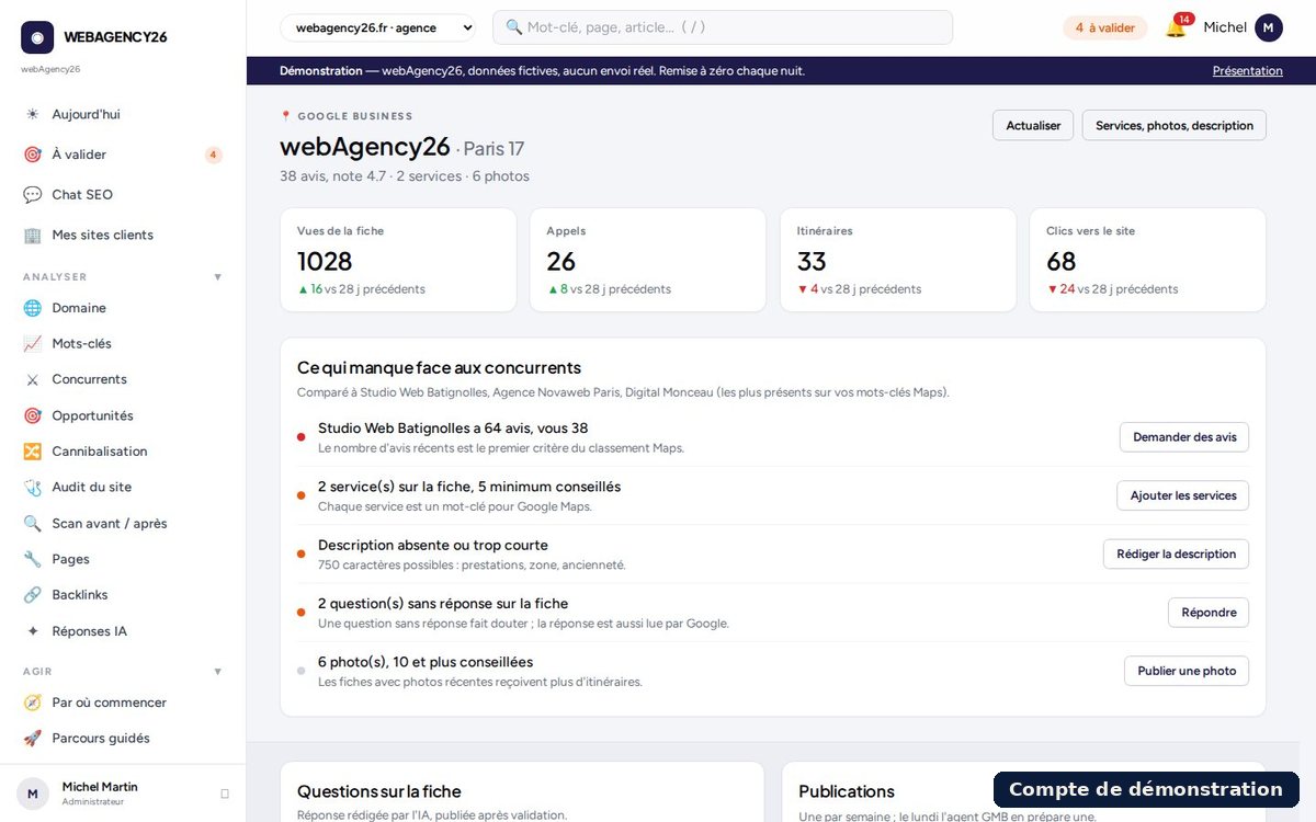 Cockpit SEO : suivi de la fiche Google Business (compte de démonstration)